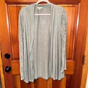 sage green lace trim flyaway cardigan